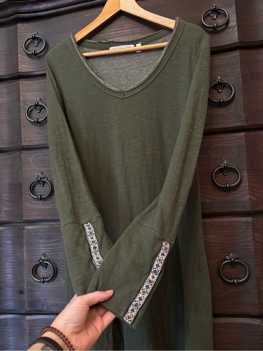 Able Olive Green Slub Knit V-Neck Tunic Dress, Size XL, Boho